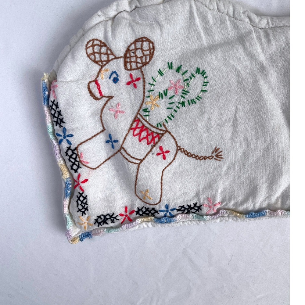 Vintage Hand Embroidered Burp Cloth White Cotton Donkey Folk Art Crochet Edge - Picture 3 of 6